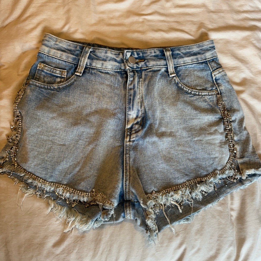 blue shorts with rhinestones. boutique in charleston south carolina.